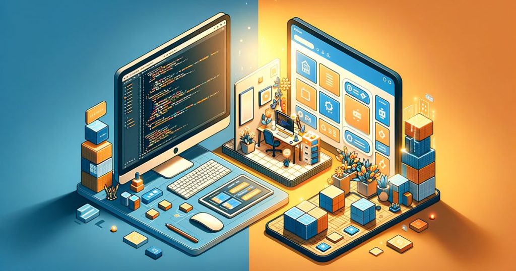 Split-screen workspace illustration comparing WordPress development environment with code editor and modular blocks against Wix visual drag-and-drop builder interface