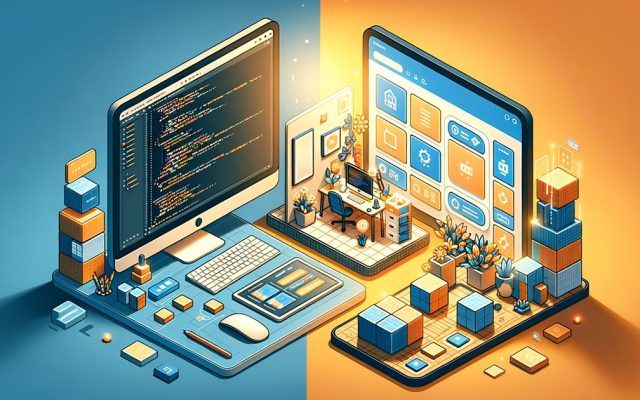 Split-screen workspace illustration comparing WordPress development environment with code editor and modular blocks against Wix visual drag-and-drop builder interface